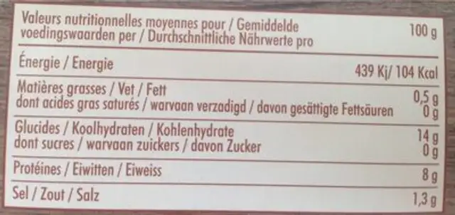 Lentilles cuites à la vapeur nutrition facts table