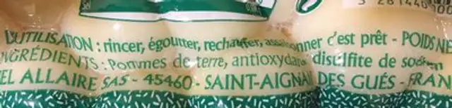 Allaire pomme de terre entière ingredients label