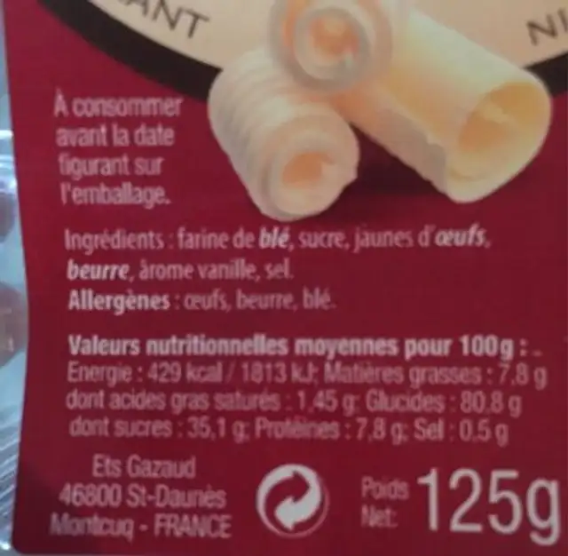Evantails pur beurre nutrition facts table