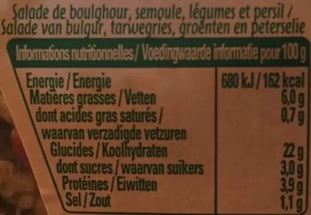 Taboulé (à la libanaise) nutrition facts table