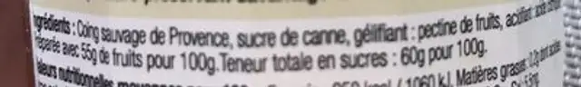 Gelée de coing sauvage de provence ingredients label