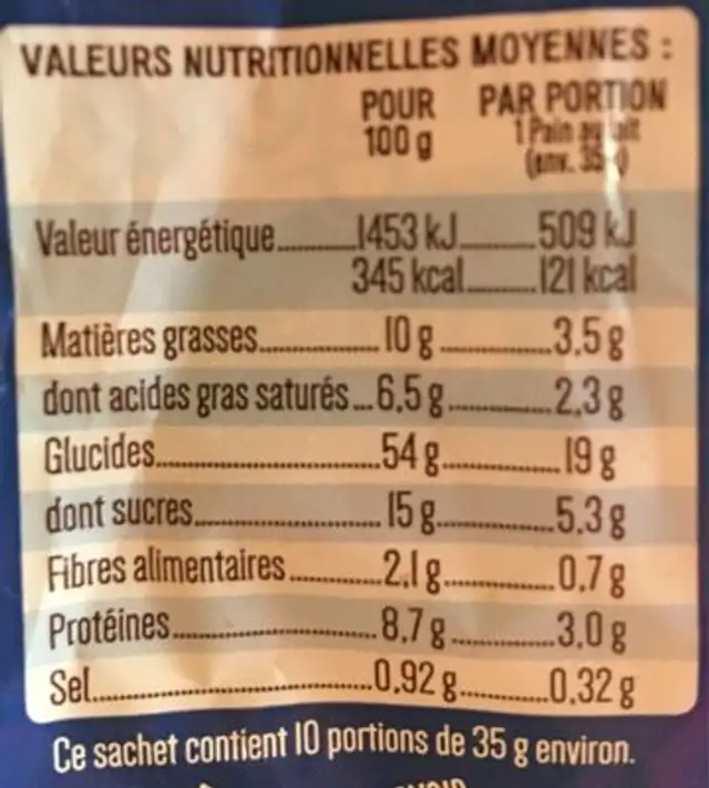 10 Pains au lait frais pur beurre 350g nutrition facts table