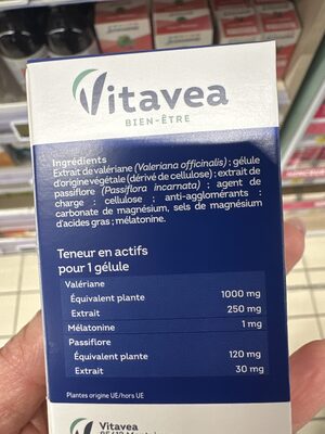 vitavea melatonine  valériane passiflore ingredients label