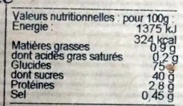 Pain d'épices au miel à l'ancienne nutrition facts table