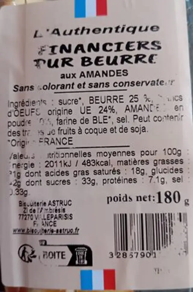 L'Authentique Financiers with fresh almond butter ingredients label