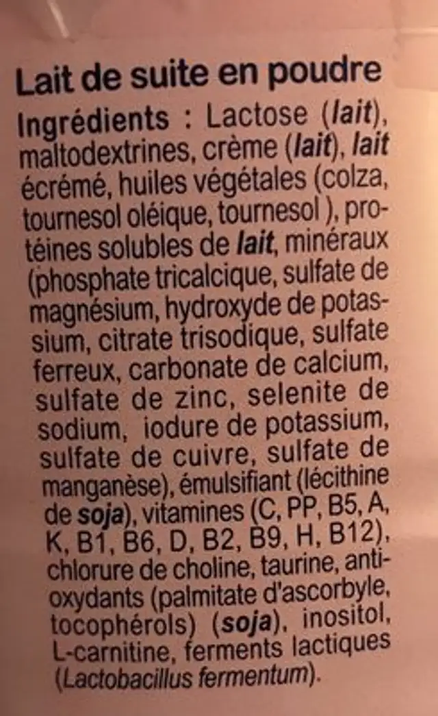 Milumel sans huile de palme ingredients label