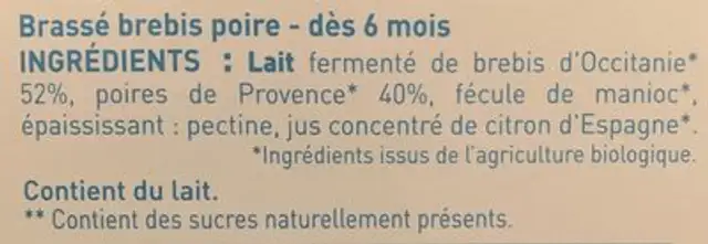 Brassé poire lait de brebis ingredients label