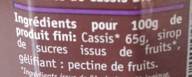 Fruit à tartiner cassis ingredients label