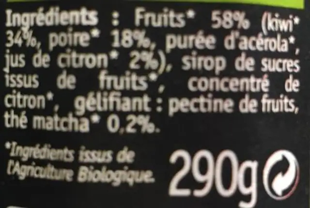 Kiwi poire thé matcha ingredients label