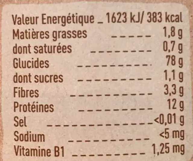 Céréales Mélisse Fenouil nutrition facts table