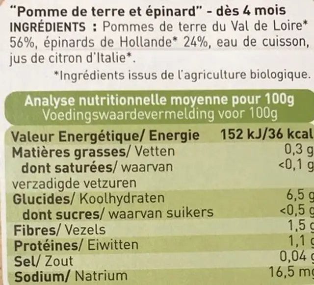 Petits Pots Pomme de Terre Epinards ingredients label