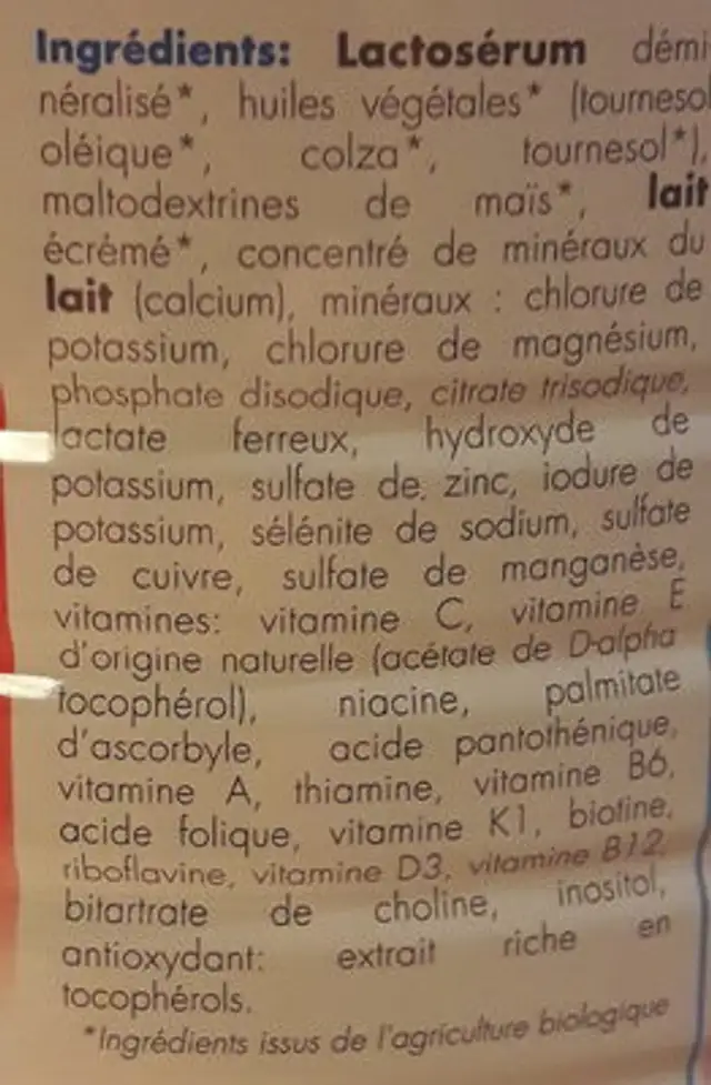 Priméa - Lait Nourrisson - 1 de 0 à 6 mois ingredients label