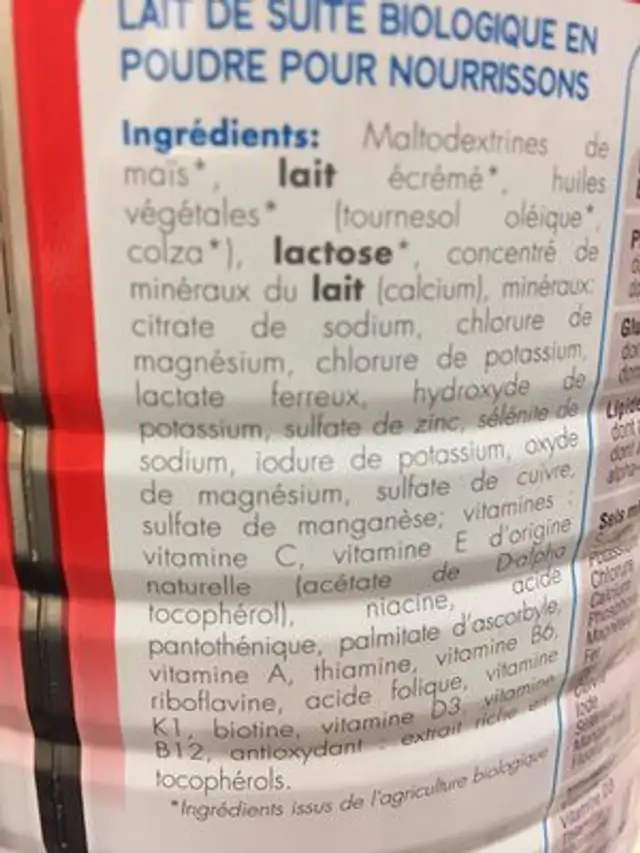 Lait de suite en poudre, dès 6 mois - Primea ingredients label