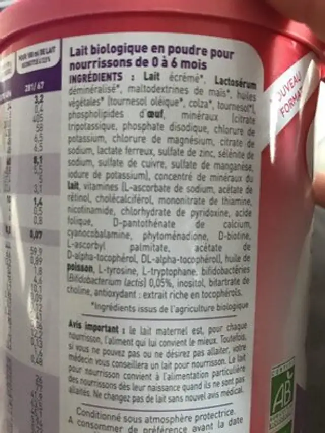 optima Lait ingredients label