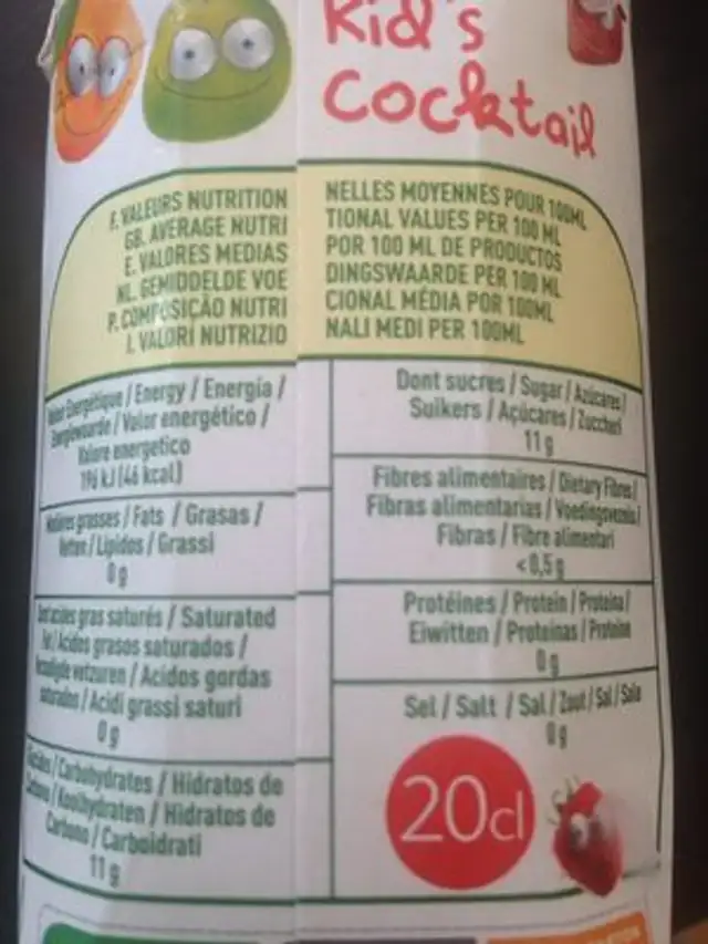 Organic kid s cocktail nutrition facts table