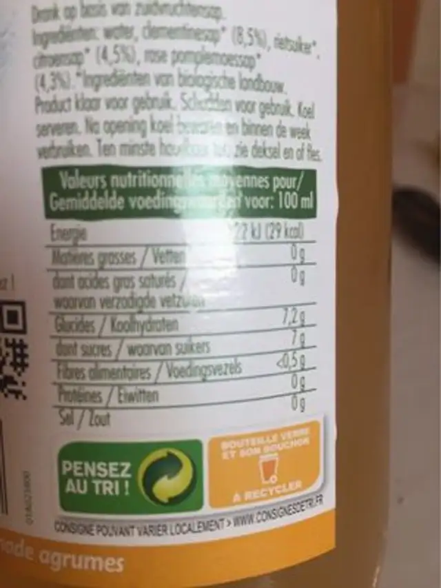 Citronnade Jus Agrume nutrition facts table