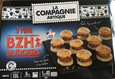 Mini burgers d'inspiration bretonne, pain au blé noir et sauce aux oignons et lardons.