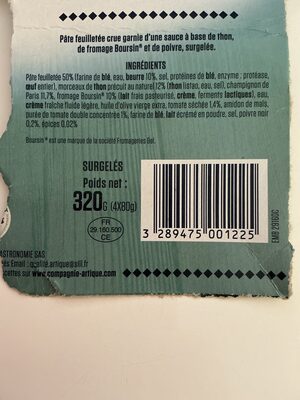 Paniers feuilletés thon et fromage boursin ingredients label