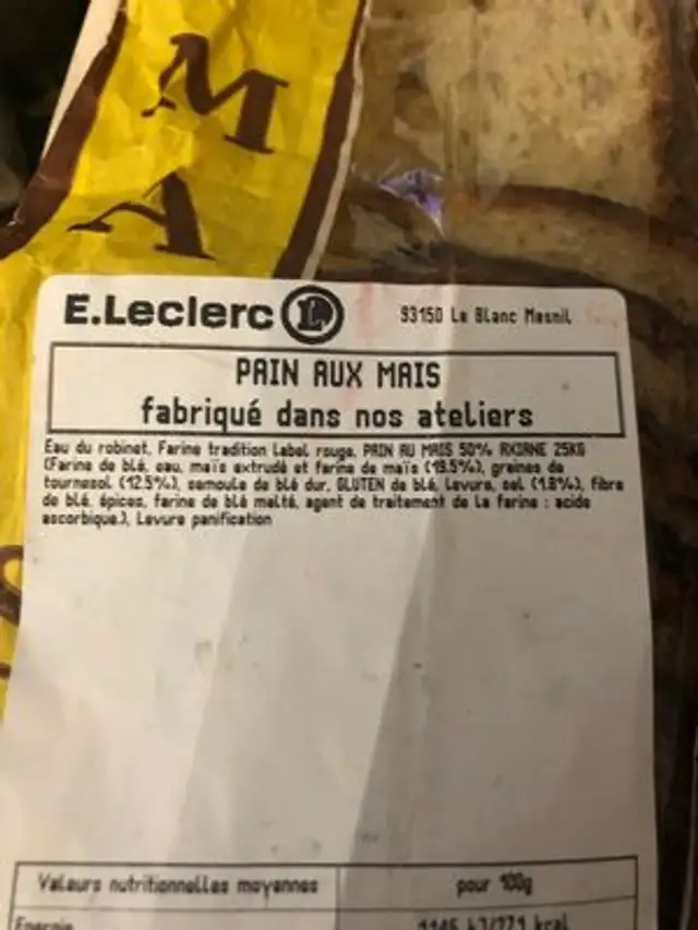 Pain au mais ingredients label