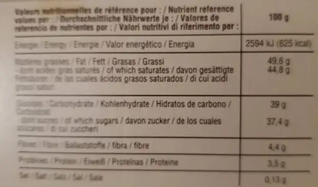 Truffes Fantaisie nutrition facts table