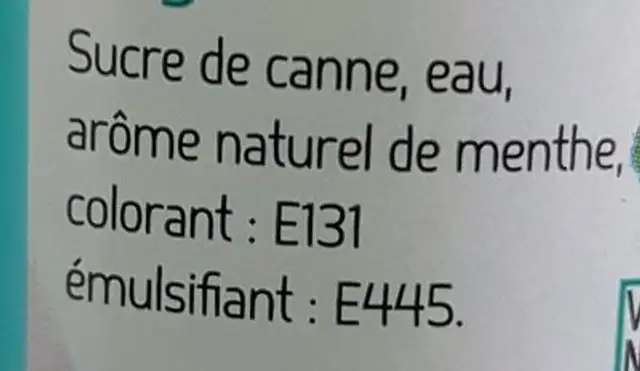 Sirop Menthe Glaciale ingredients label
