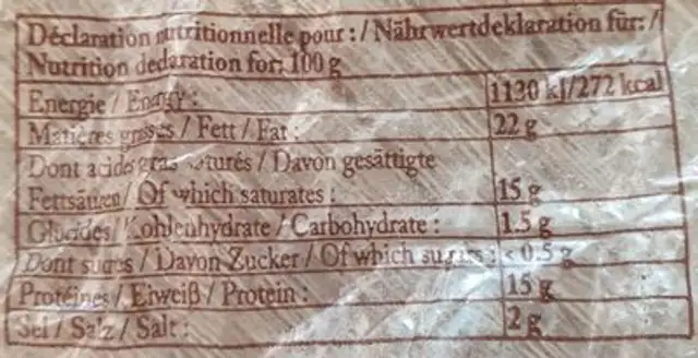 Langres 50% Mg 180G nutrition facts table