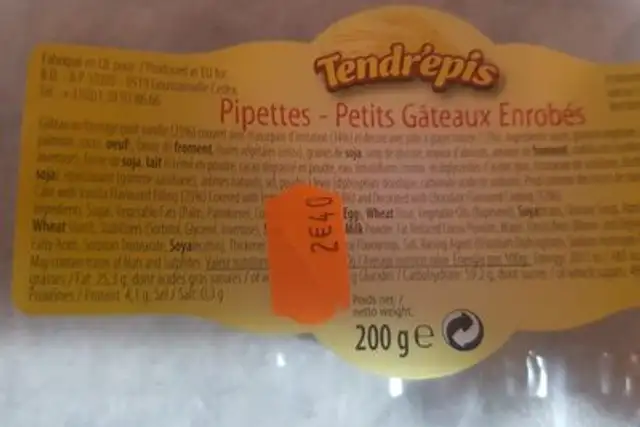 Pipettes gâteaux enrobés ingredients label