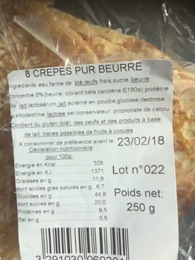 Crepes savoureuse pur beurre ingredients label