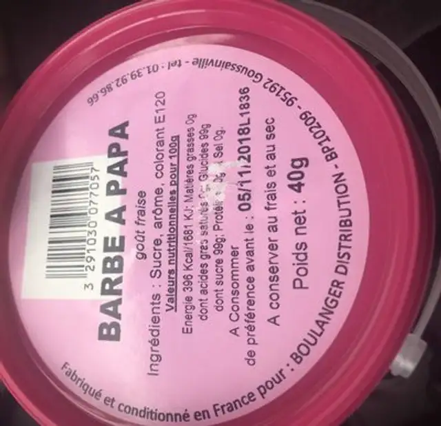 BARBE A PAPA ingredients label