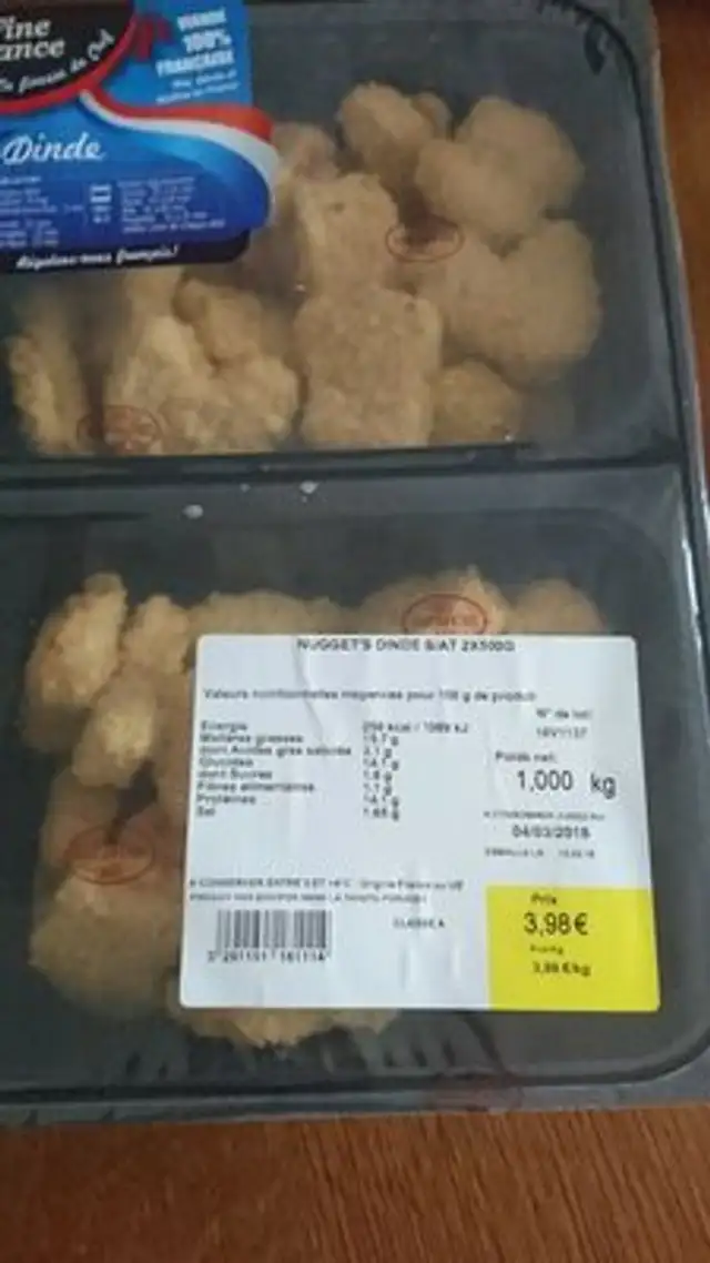 Nugget's dinde ingredients label