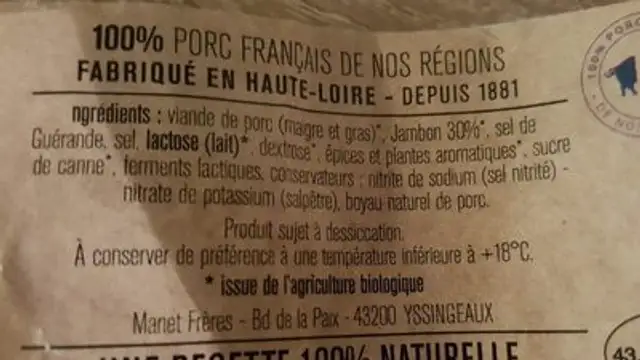 Saucisson ingredients label