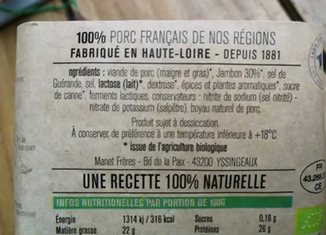 Saucisson de la haute loire ingredients label