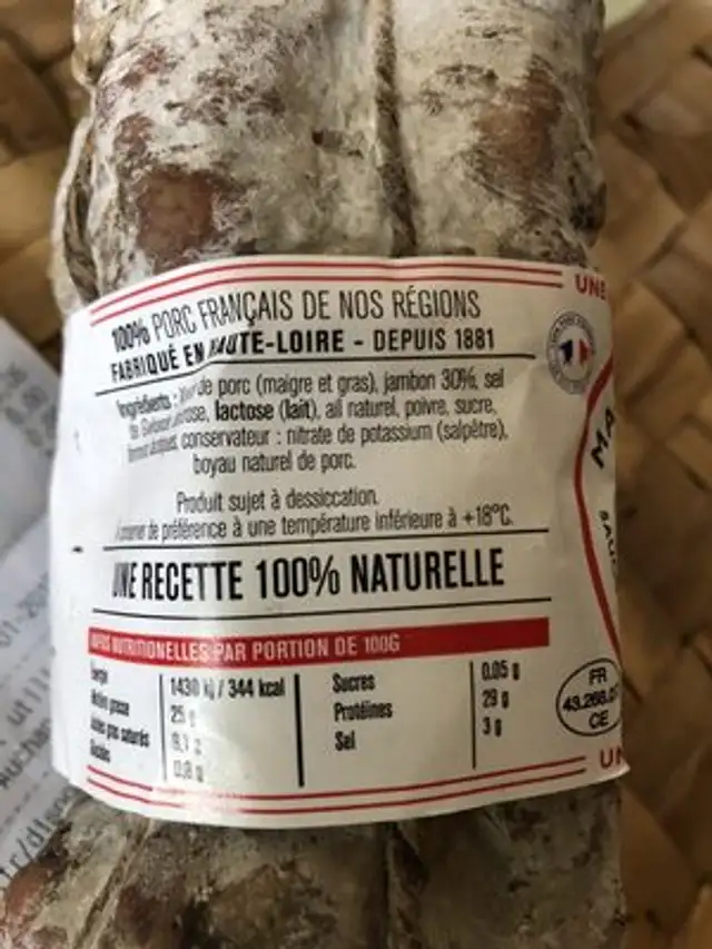 Saucisson de la Haute Loire ingredients label