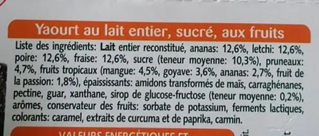 Panier de Yop lait aux morceaux de fruits ingredients label