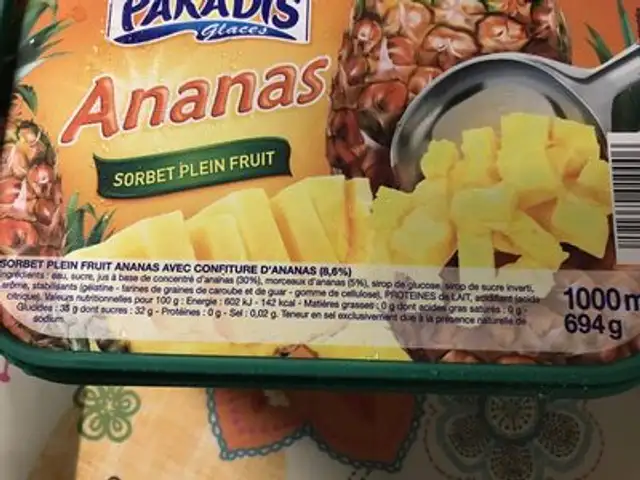 Glace ananas ingredients label