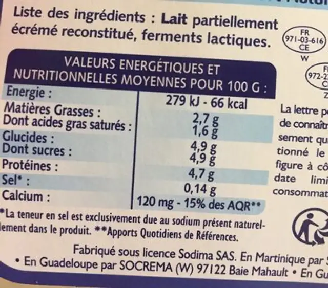 Yaourt Nature (Texture Ferme - Source de CALCIUM) nutrition facts table