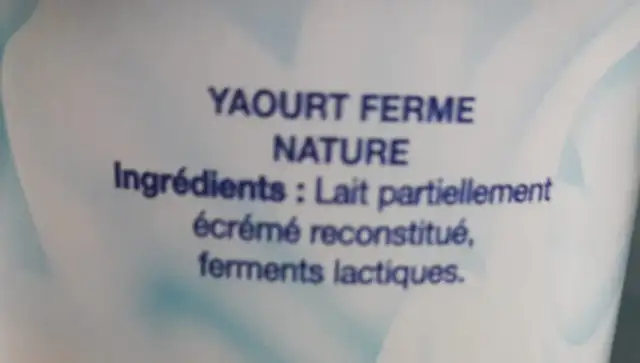 Yaourt Nature ingredients label