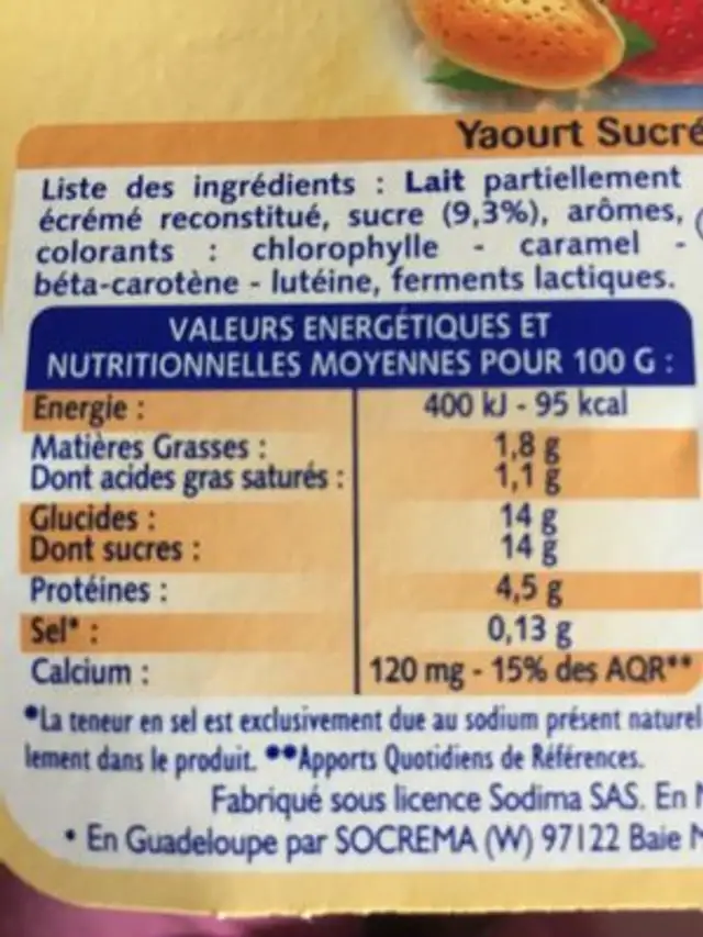 Yaourts Sucrés Aromatisés nutrition facts table
