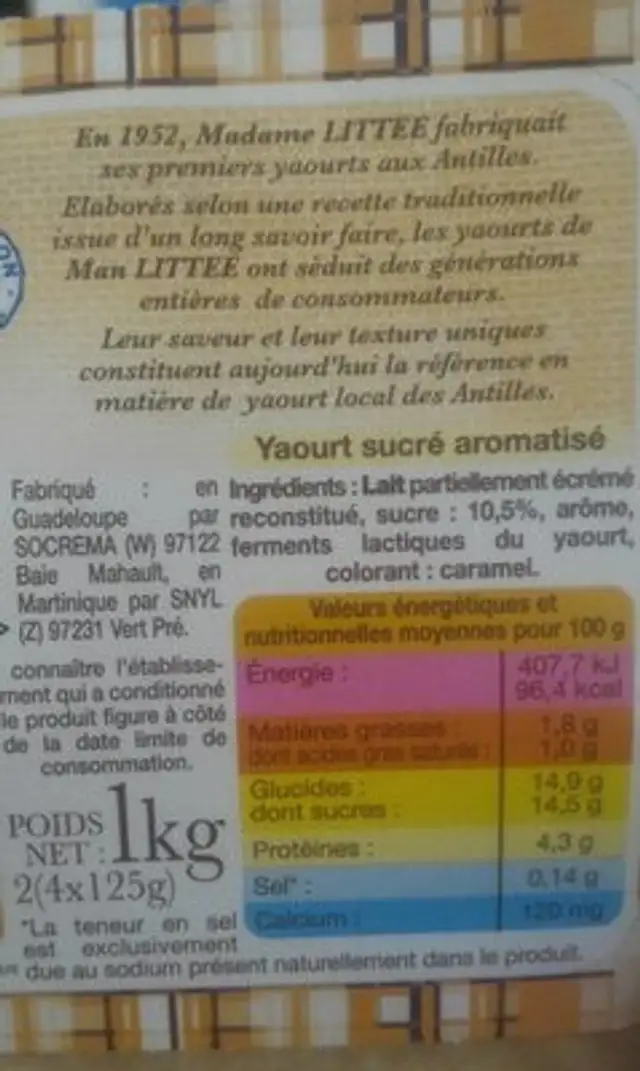 Yaourt Aromatisé vannille nutrition facts table