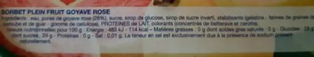 Sorbet Plein Fruit Goyave Rose ingredients label