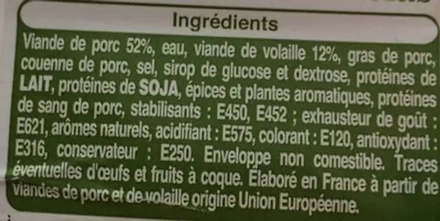 Saucisse De Viande Stemmy ingredients label