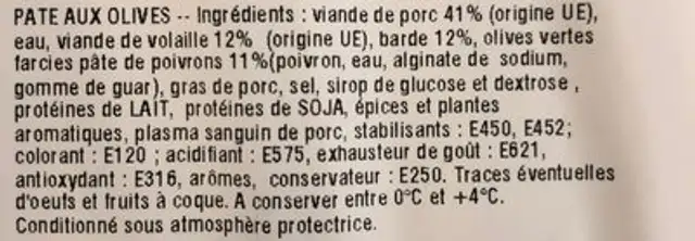 Paté aux olives 5 tranches ingredients label