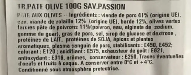Paté aux olives ingredients label
