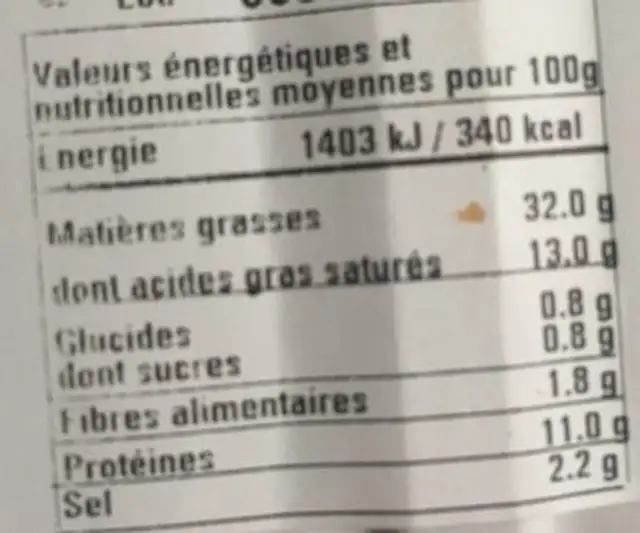 Paté aux olives nutrition facts table