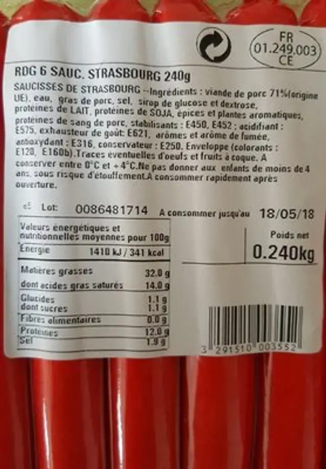 6 saucisses de strasbourg ingredients label
