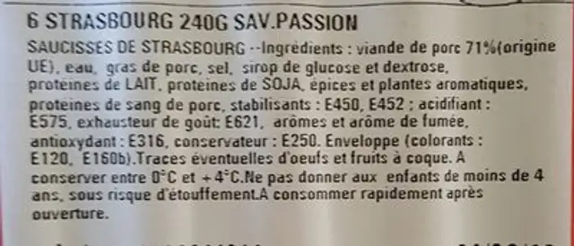 Saucisse de Strasbourg ingredients label