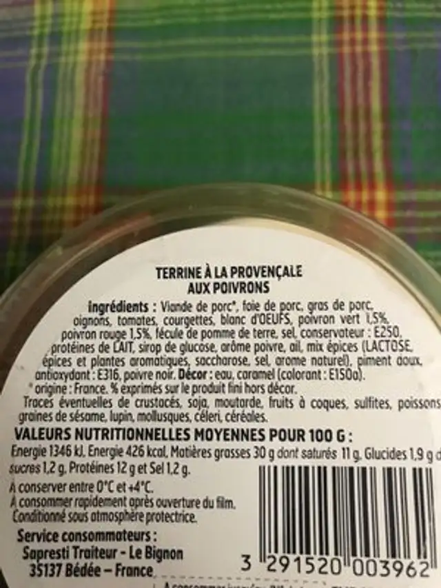 Terrine a la provencale ingredients label