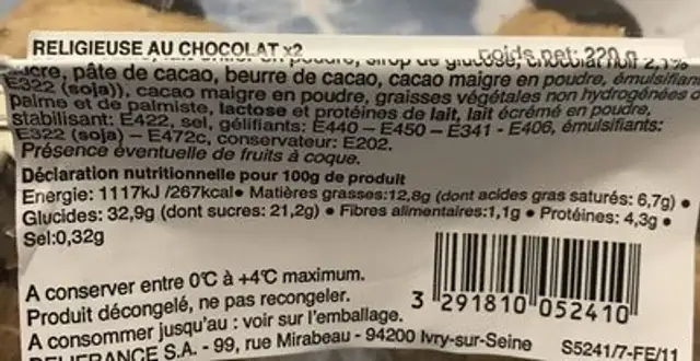 Religieuse Au Chocolat X2 ingredients label