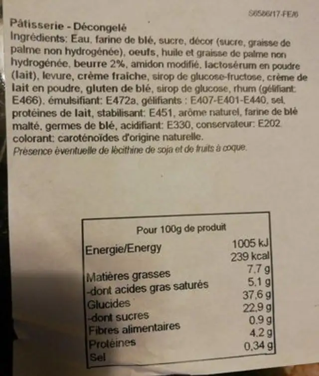 Tropézienne nutrition facts table