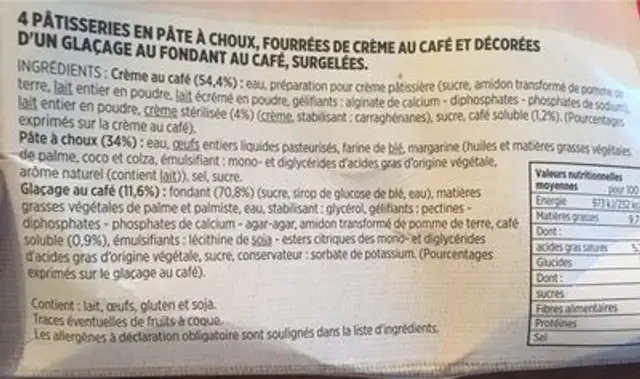 Eclairs au café ingredients label